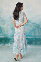 27Dress Blue Short Sleeves V-neck A-line Dresses with Sash